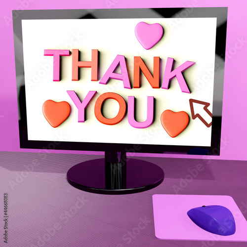 Illustration: Thank You Message On Computer Screen Showing Online Appreciation Thank You Message On Computer Screen Showing Online Appreciation