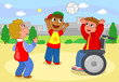 Two children playing volleyball with a boy on wheelchair.