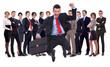 young leader jumping for joy in front of his team