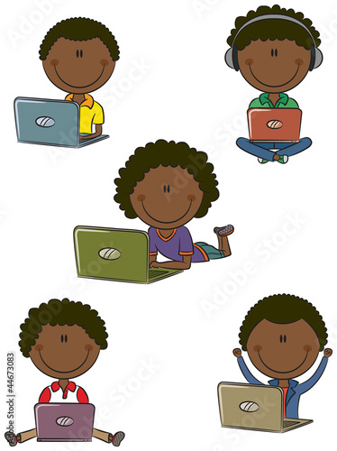 Vector: Cheerful African-American boys with laptops Cheerful African-American boys with laptops