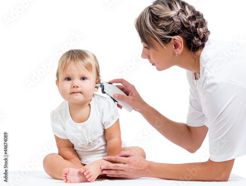 Photo: doctor measuring temperature cute baby girl isolated on white b doctor measuring temperature cute baby girl isolated on white b