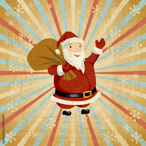 Vector: Vector Christmas background with Santa holding big bag of gifts. Vector Christmas background with Santa holding big bag of gifts.