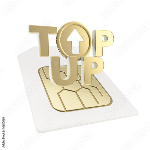 Illustration: Top-up emblem icon over sim card chip microcircuit Top-up emblem icon over sim card chip microcircuit