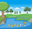A mother duck swimming with her ducklings on blue lake