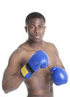 Photo: Portrait of a young boxer wearing boxing gloves in fighting stance over gray background Portrait of a young boxer wearing boxing gloves in fighting stance over gray background