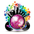 Disco globe with dancing silhouettes and vinyl record