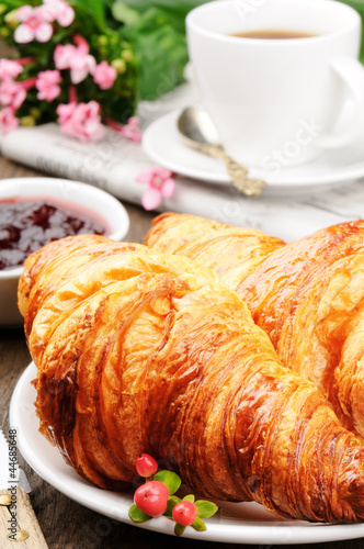 Photo: Breakfast with coffee, croissant and jam Breakfast with coffee, croissant and jam