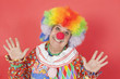 Foto: Portrait of funny clown with arms raised against colored background Portrait of funny clown with arms raised against colored background