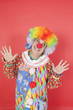 Foto: Funny clown with arms raised looking away against colored background Funny clown with arms raised looking away against colored background