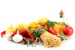 Pasta spaghetti, vegetables and spices, isolated on white