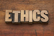ethics word in wood type