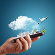 hand holds touch screen smart phone