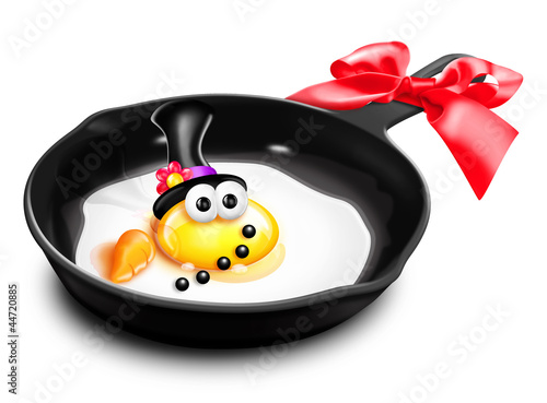 Illustration: Whimsical Melted Cartoon Egg Snowman in Frying Pan Whimsical Melted Cartoon Egg Snowman in Frying Pan