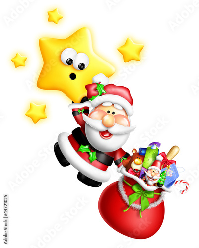 Illustration: Whimsical Cartoon Santa Hanging From Cute Star Whimsical Cartoon Santa Hanging From Cute Star