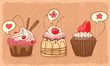 three lovely muffins on orange shabby backdrop