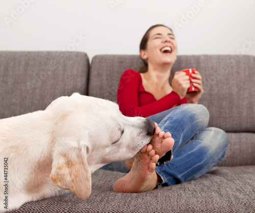Photo: Dog licking the toes Dog licking the toes