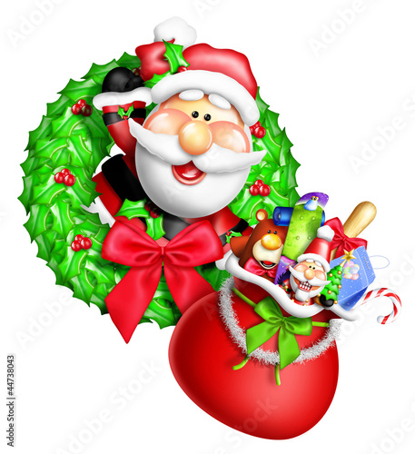 Illustration: Whimsical Cartoon Christmas Wreath with Santa and Gift Bag Whimsical Cartoon Christmas Wreath with Santa and Gift Bag