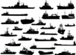 Set of 26 silhouettes of sea yachts, towboat and the ships