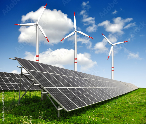 Photo: solar energy panels and wind turbine solar energy panels and wind turbine
