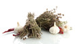 dried herbs in mortar and vegetables, isolatrd on white