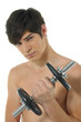 handsome model working out with dumbbells