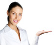 Cheerful businesswoman showing, over white