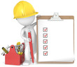 3D little human character the Builder holding a clipboard.