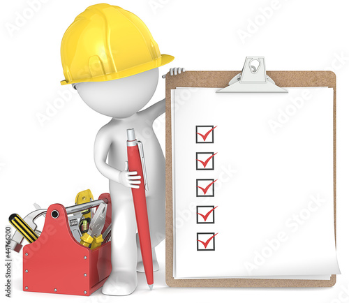 Illustration: 3D little human character the Builder holding a clipboard. 3D little human character the Builder holding a clipboard.