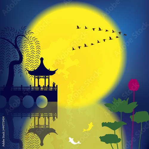 Vector: Oriental Ancient Scenery: Pavilion, Willow, Fish,Lotus and Moon Oriental Ancient Scenery: Pavilion, Willow, Fish,Lotus and Moon