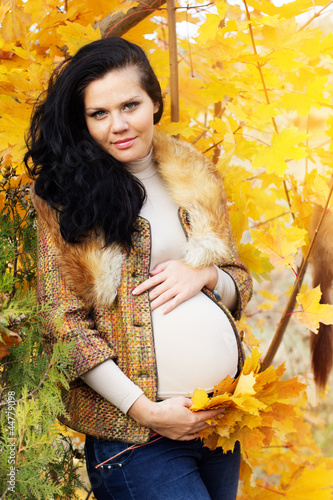 Photo: Portrait of beautiful pregnant woman walking in autumn park Portrait of beautiful pregnant woman walking in autumn park