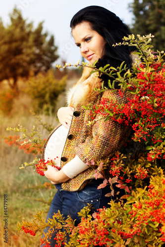 Photo: Portrait of beautiful pregnant woman walking in autumn park Portrait of beautiful pregnant woman walking in autumn park