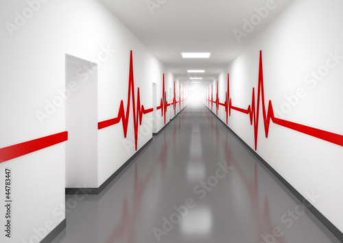 Illustration: hospital corridor with doors and red pulse lines on walls hospital corridor with doors and red pulse lines on walls