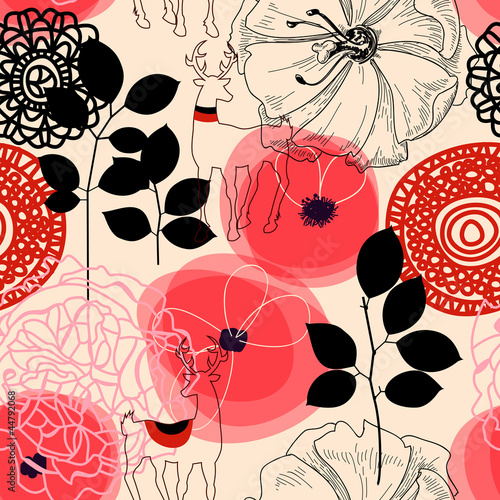 Vector: Flowers and deers seamless pattern Flowers and deers seamless pattern