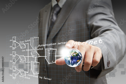 Photo: Businessman hand points the internet system chart Businessman hand points the internet system chart