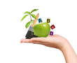 hand with green apple and educational ideas on a white backgroun