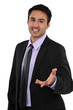 Doubtful man holding his hand out