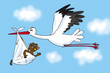 Stork and baby, cartoon