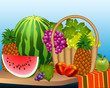 Illustration: basket and fruits watermelon grape peaches, pineapple basket and fruits watermelon grape peaches, pineapple