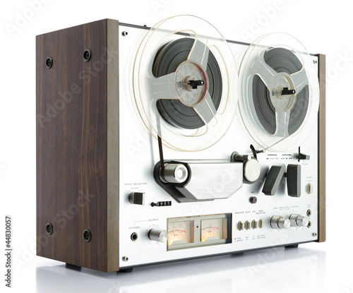 Photo: vintage analog recorder reel to reel on white background vintage analog recorder reel to reel on white background