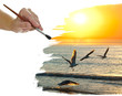 Photo: hand painting sunset , sea and birds hand painting sunset , sea and birds