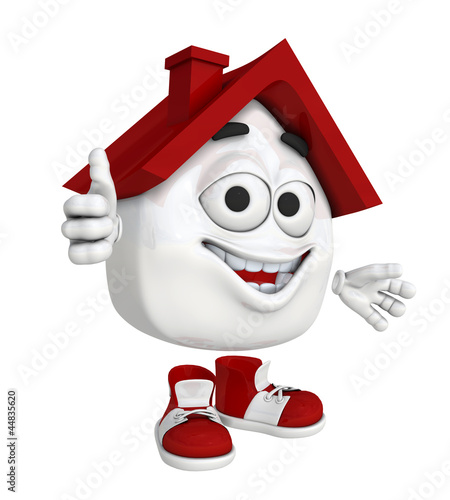 Illustration: Kleines 3D Haus Rot - Daumen hoch Kleines 3D Haus Rot - Daumen hoch