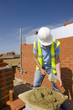 Bricklayer applying mortar to brick with trowel