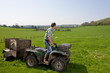 Shepherd on tractor looking over sheep in field