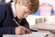 Photo: Close up of male student in school uniform taking exam at desk in classroom Close up of male student in school uniform taking exam at desk in classroom