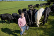 Portrait of smiling farmer feeding cattle in sunny rural field