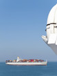 Container ship on ocean loaded with freight containers