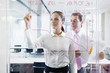 Photo: Businessman and businesswoman drawing chart on glass window in office Businessman and businesswoman drawing chart on glass window in office