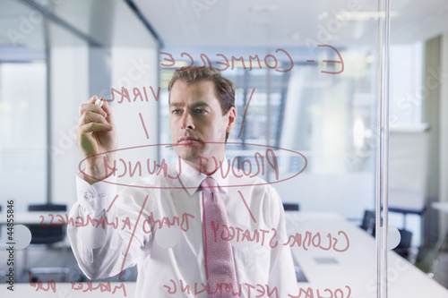 Photo: Businessman drawing flow chart on glass window in office Businessman drawing flow chart on glass window in office
