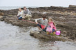 Family fishing on rocks with nets