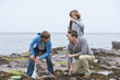 Father and sons playing with seaweed on rocks
